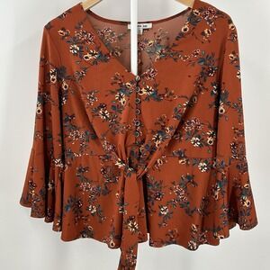 Uncommon Job Floral Tie Front Blouse XL Boho Bell Sleeve Rust Orange Cottagecore